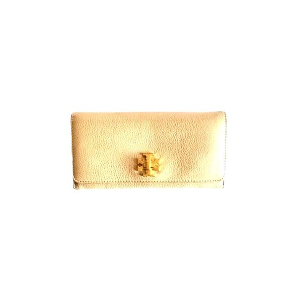 TORY BURCH Envelope Wallet Tan Pebbled Leather Flap Gold Twist Lock - Picture 1 of 9